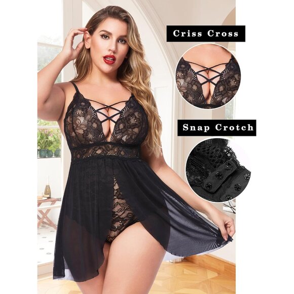 Comfortable Plus Size Lingerie V Neck Lace Nightwear with Ease of Use, L-5XL - Picture 2 of 6